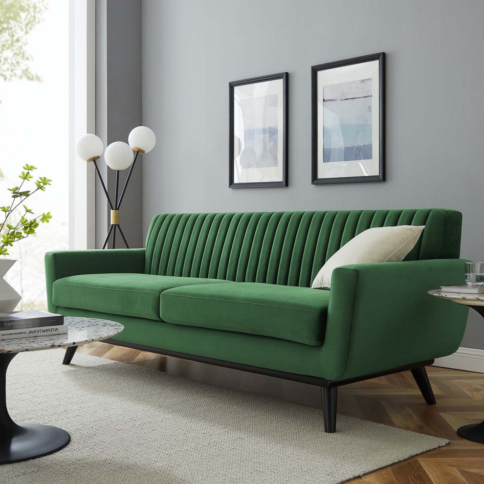 Tufted Sofa, Velvet, Green, Modern, Living Lounge Room Hotel Lobby Hospitality