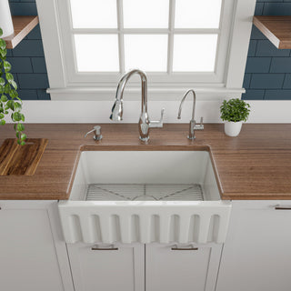 Reversible Smooth/Fluted Single Bowl Fireclay Farm Sink, White, 30"