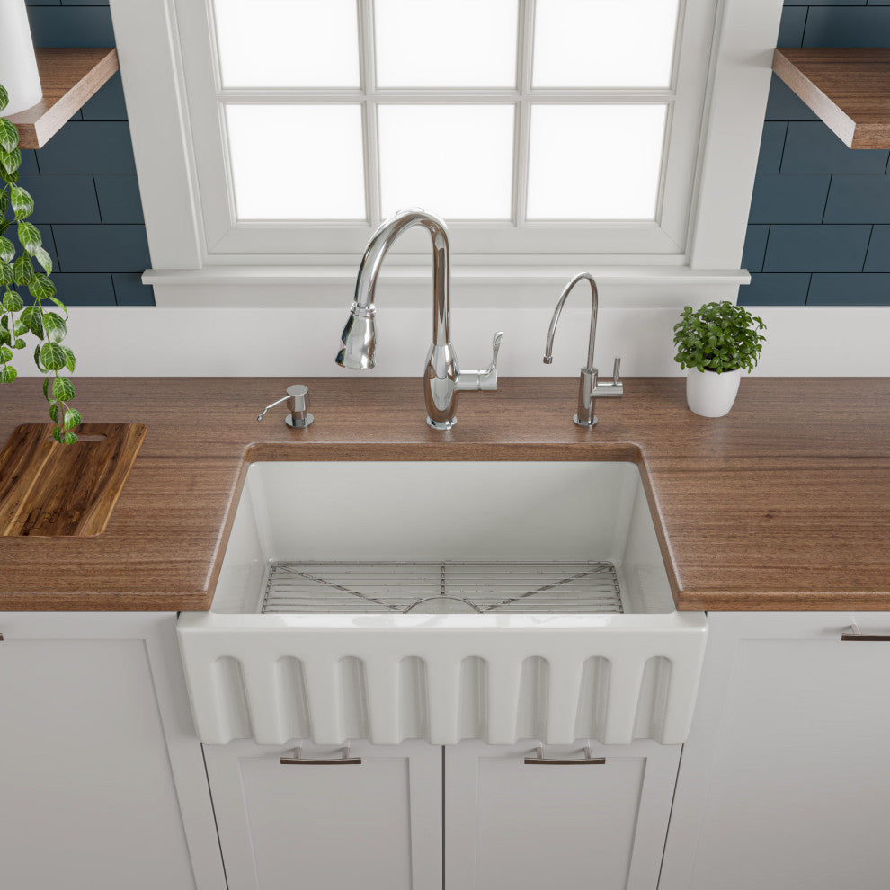 Reversible Smooth/Fluted Single Bowl Fireclay Farm Sink, White, 30"