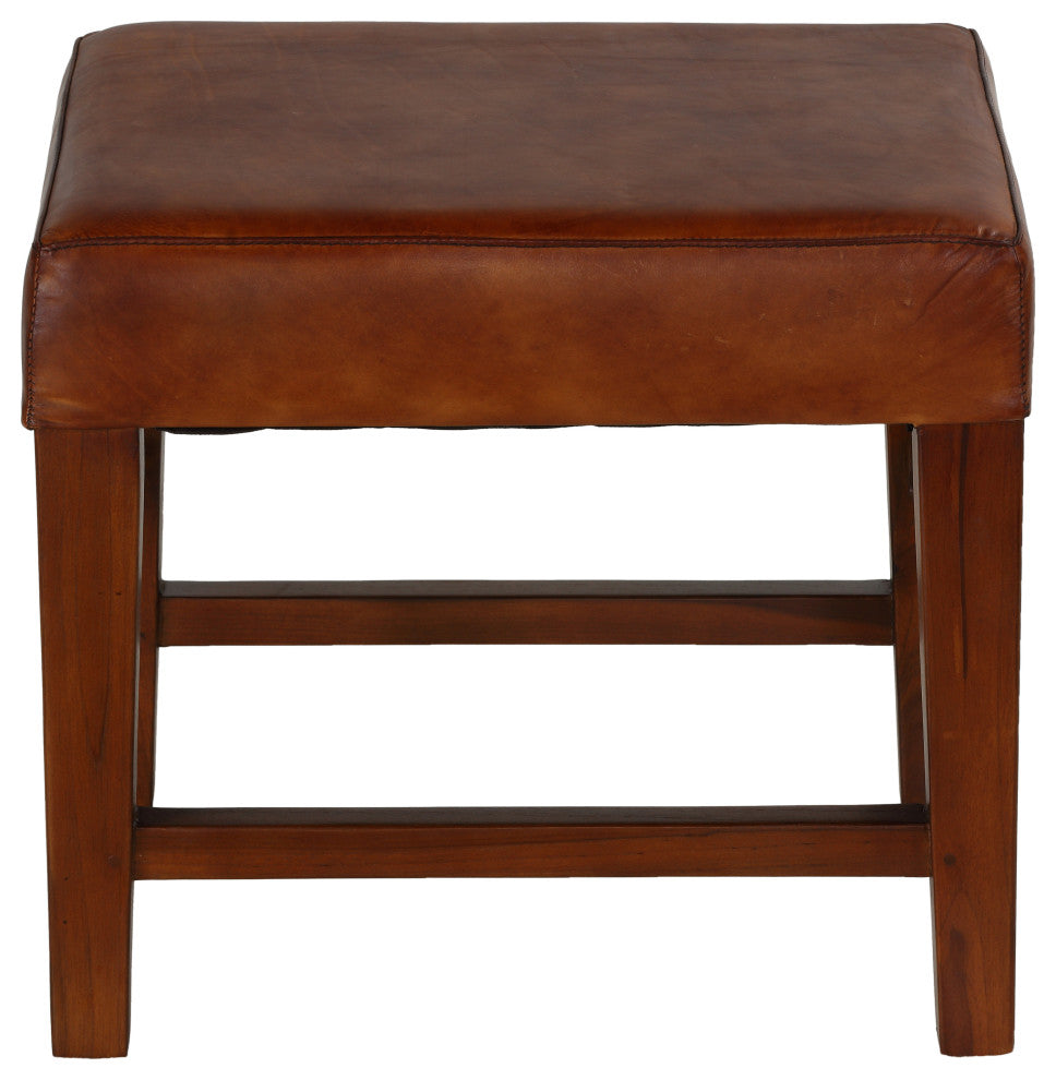 Alvin Genuine Leather Ottoman With Solid Teak Wood Legs, Brown