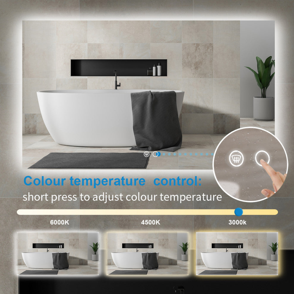 Backlit 3-Color LED Mirror for Bathroom, Anti-Fog Dimmable, 60x36