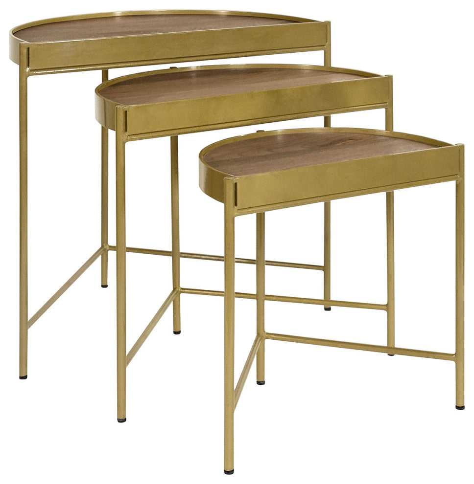 3 Piece Wooden Nesting Table With Recessed Top, Brown and Gold