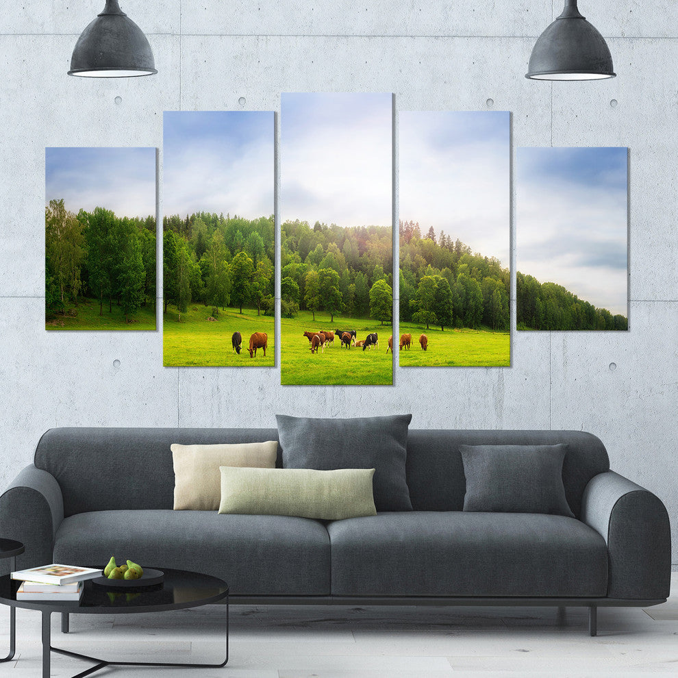 Cows on Field Panorama, Landscape Canvas Art Print, 60"x32", 5 Panels