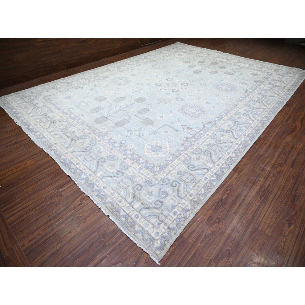 Chrome Gray Wool Hand Knotted White Wash Peshawar Oversized Rug, 11'10"x16'3"