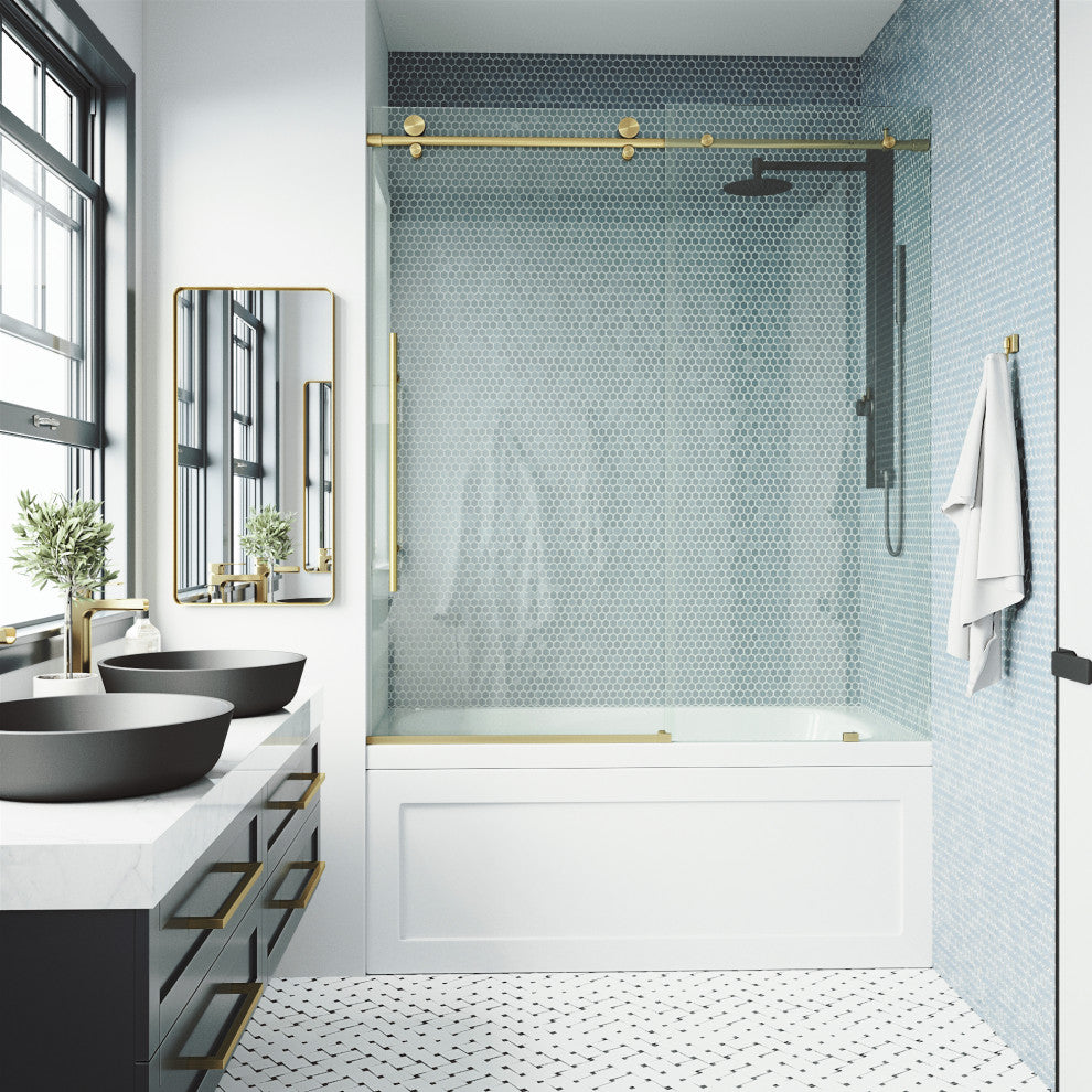 VIGO Elan E-Class 56" to 60" W x 66" H Frameless Sliding Tub Door, Matte Gold, Clear Glass
