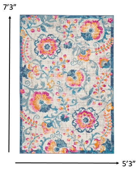 5' X 7' Ivory Floral Dhurrie Area Rug