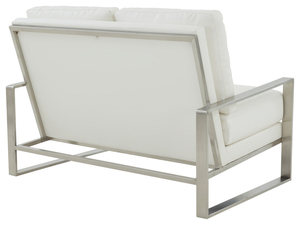LeisureMod Jefferson Modern Faux Leather Loveseat With Silver Frame, White