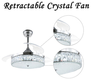 42" Decorative Crystal Drum Ceiling Fan with Light and Remote, Foldable Blade, Chrome, Neutral White (4000k)