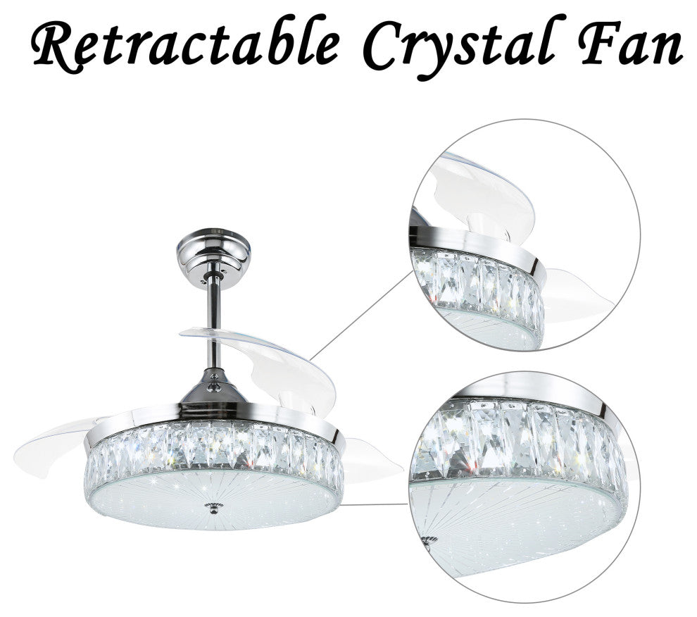 42" Decorative Crystal Drum Ceiling Fan with Light and Remote, Foldable Blade, Chrome, Neutral White (4000k)
