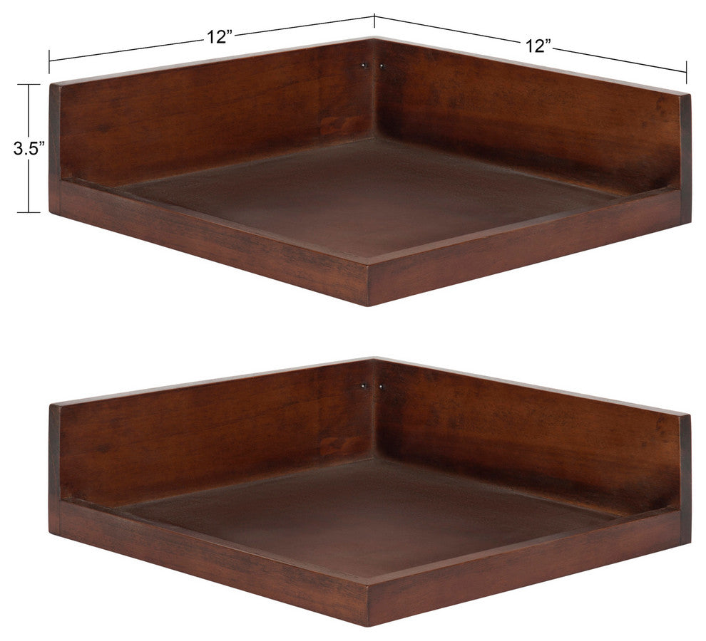Levie Floating Corner Wood Wall Shelf Set, Walnut Brown