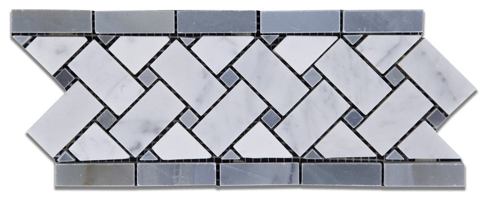 Carrara White Marble Honed Basketweave Border Listello w/ Blue-Gray Dots