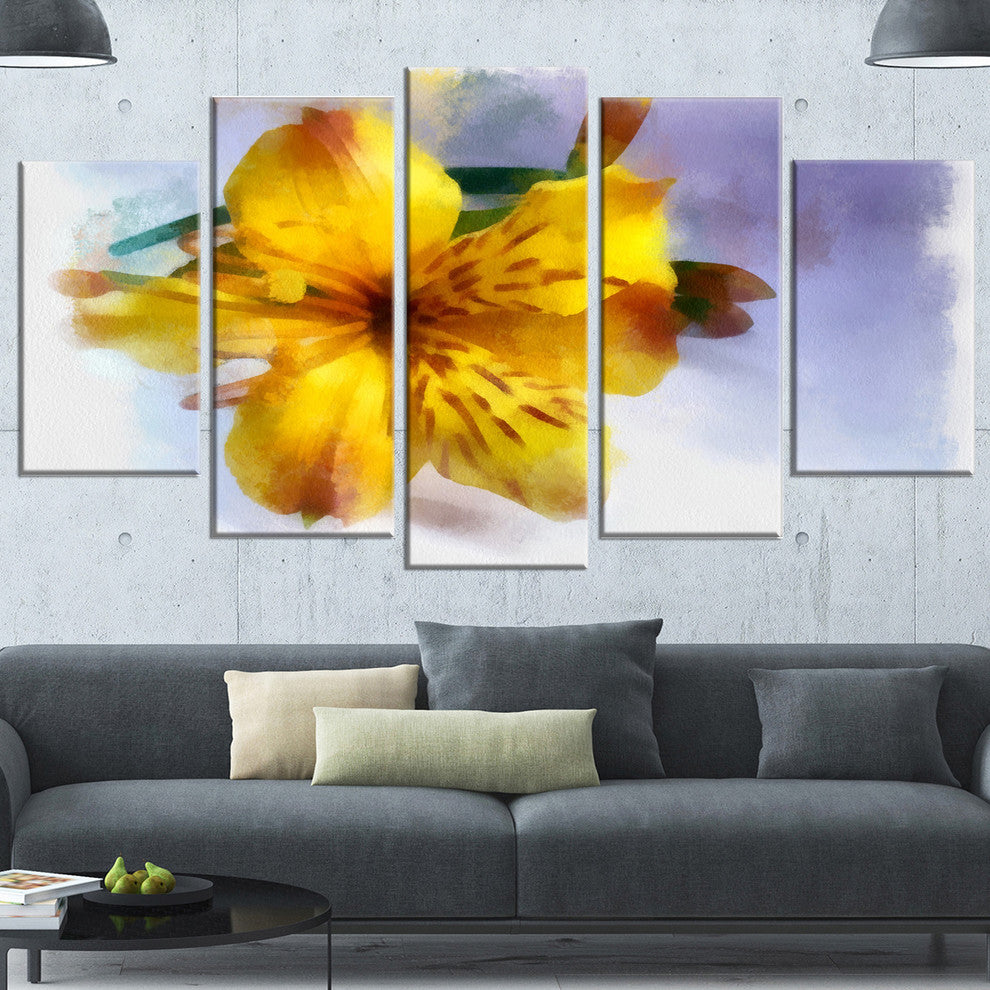 Yellow Lily Hand drawn Flower, Floral Canvas Art Print, 60"x32", 5 Panels