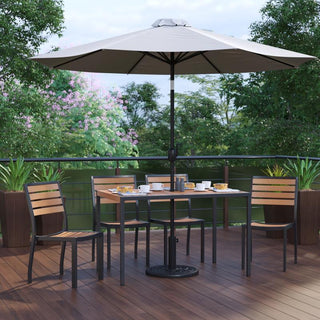 Lark 7 Pc Patio Set -4 Stacking Chairs, 30" x 48" Table & Umbrella with Base, Gr