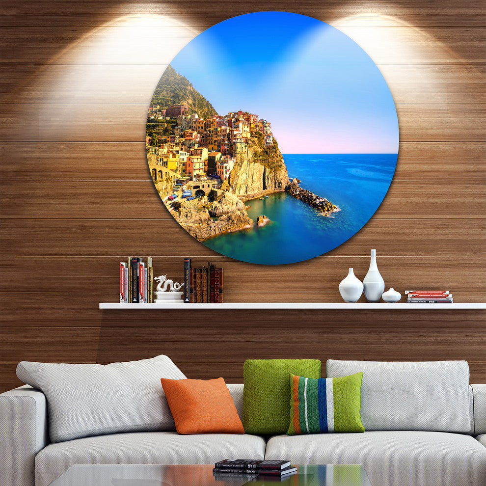 Manarola Village Seashore Italy, Seashore Round Wall Art, 11"