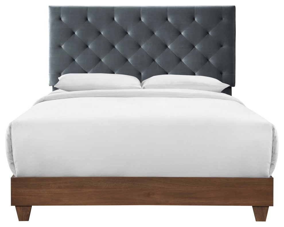 Rhiannon Diamond Tufted Upholstered Performance Velvet Queen Bed-Walnut Charcoal