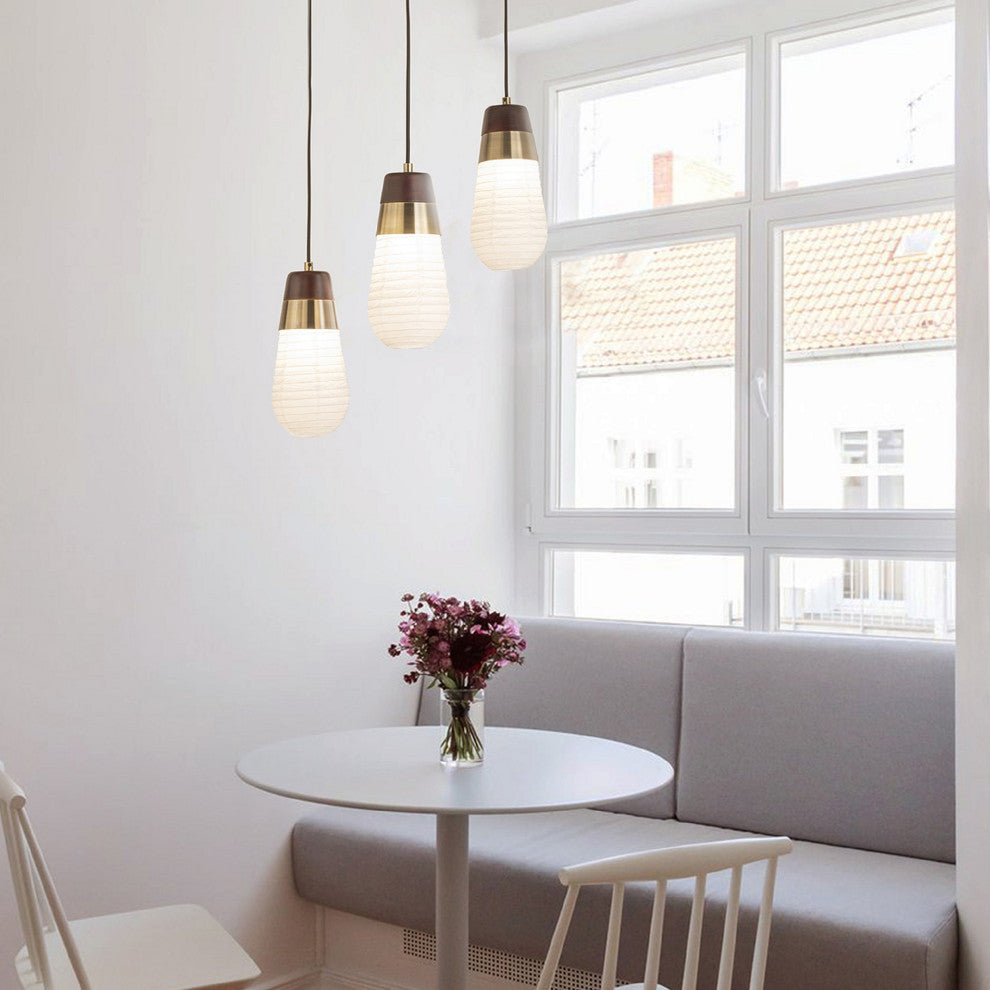 Sunset 3 Light Pendant Lamp - 27", Weathered Brass and Walnut, Hard-wired