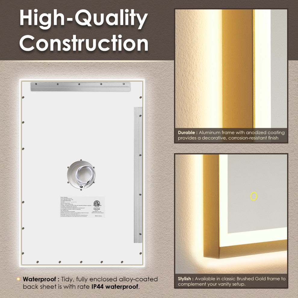 Apollo Anti-Fog Dimmable Vanity, LED Lighted Wall Mirror, Brushed Gold, 24"