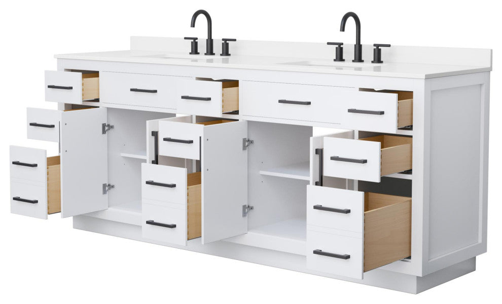 Beckett TK 84" White Double Vanity, White Quartz Top, 3-Hole, Black Trim