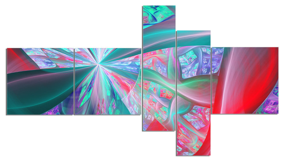 Red Blue Fractal Exotic Plant Stems, Abstract Canvas Print, 60"x32", 5 panels