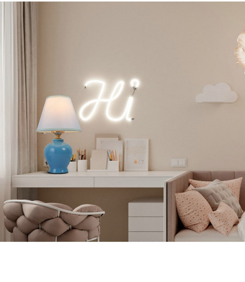 Modern mini table lamp kids ceramic table light with linen white fabric shade