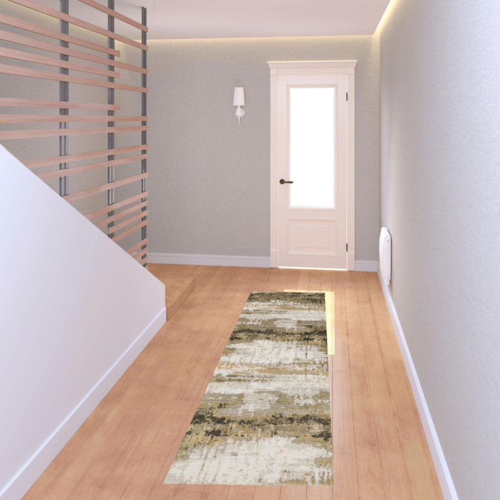8' Grey Gold Black Charcoal And Beige Abstract Power Loom Runner Rug With Fringe