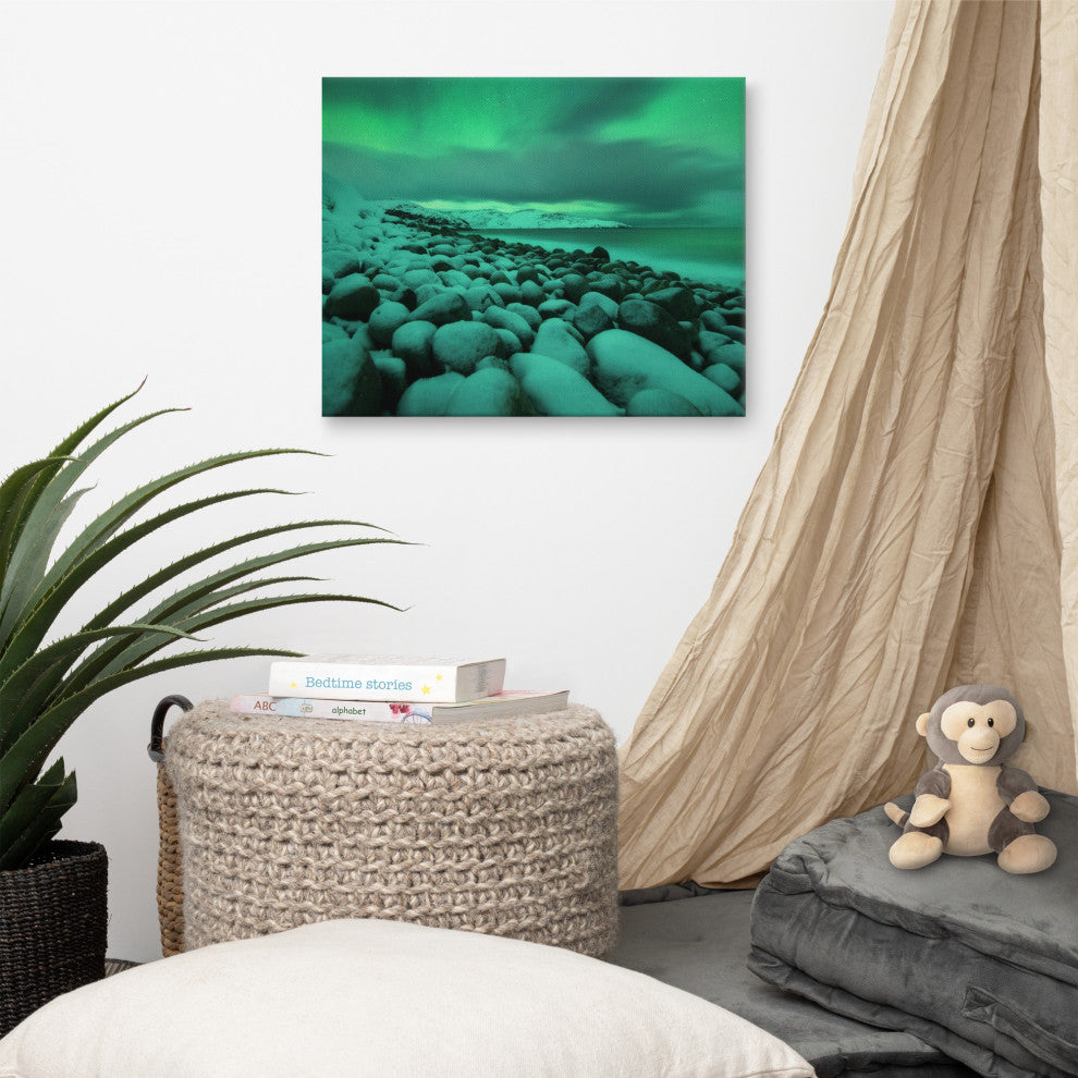Aurora Borealis Over Ocean Night Seascape Landscape Photo Canvas Wall Art Print, 16" X 20"