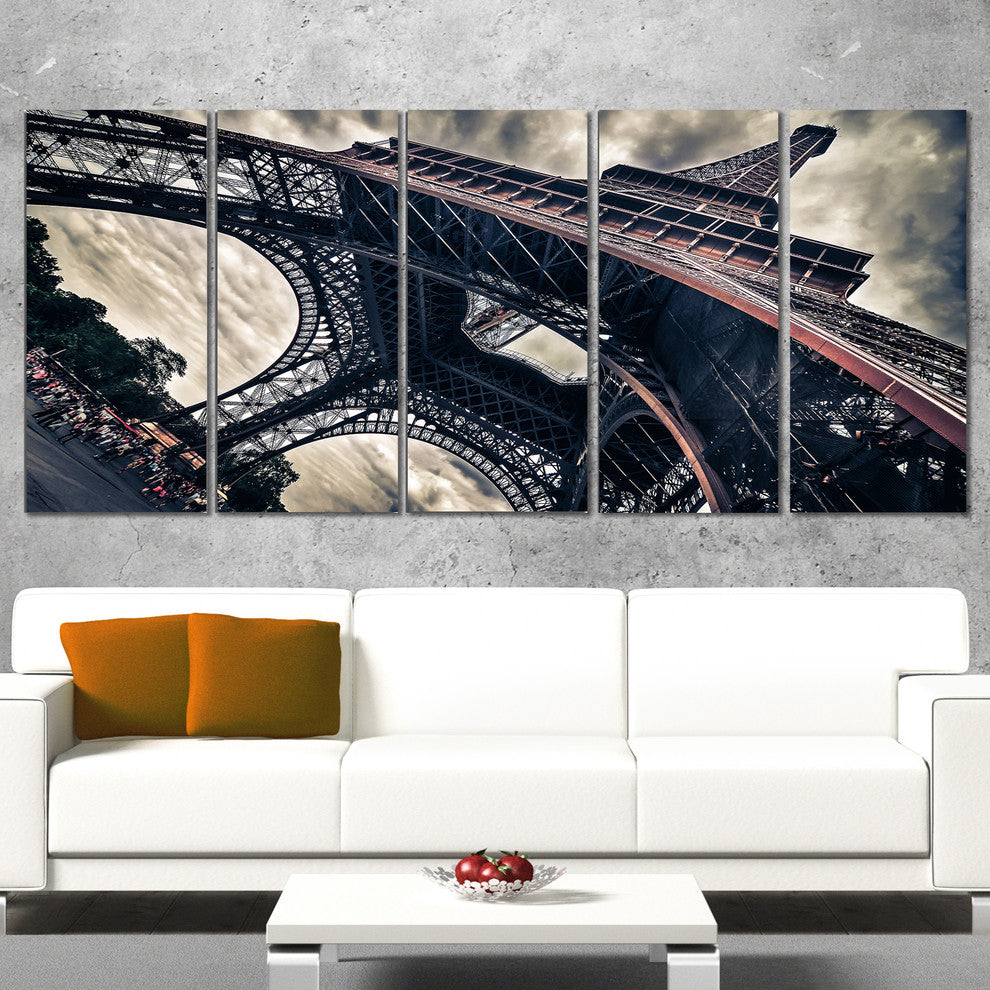 "Paris Eiffel Tower in Grungy Dramatic Style" Cityscape Art, 60"x28", 5-Panels