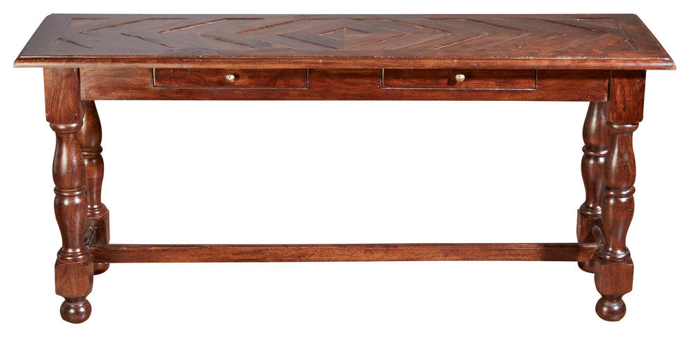 Parquet Top Two Drawer Console, Pecan Finish