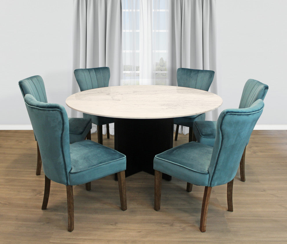 Lavaca 7-Piece Dining Set, 60" Round Dining Table and 3 Sets of Teal Chairs
