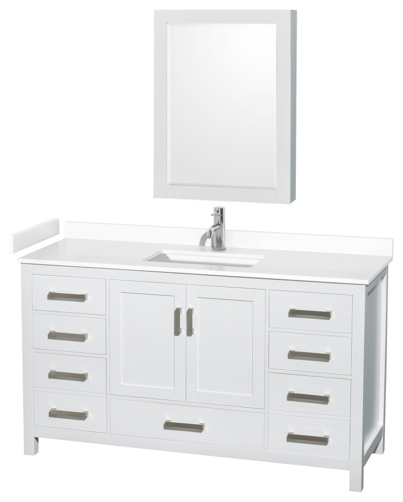 60"SGL Bathroom Vanity White, White Cult. Marble Countertop, Sink, Med. Cabinet