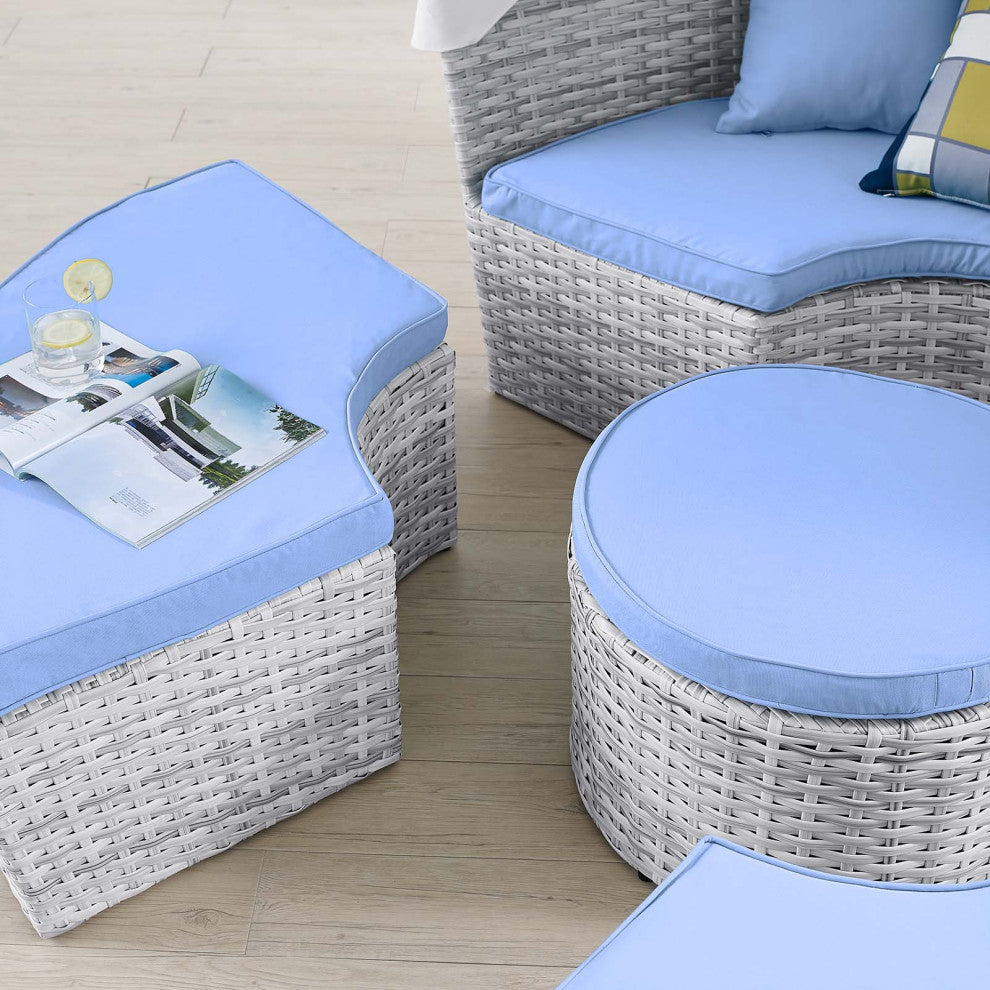 Lounge Daybed Sofa Bed, Gray Blue, Rattan, Wicker, Modern, Outdoor Patio