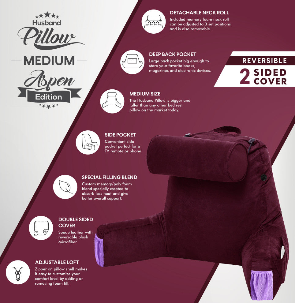 Medium Husband Pillow Mauve Purple Removable Neck Roll, Reversible Cover