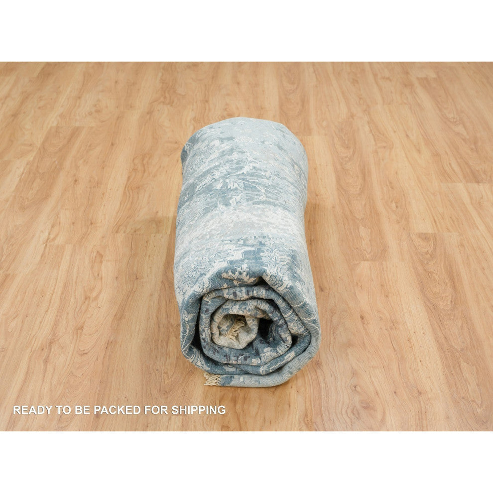 Blue-Teal Farsian Tebraz Wool and Silk Hand Knotted Runner Rug, 9'10"x9'10"