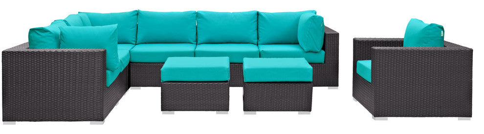 Modway Convene 9 Piece Outdoor Patio Sectional Set, Espresso Turquoise