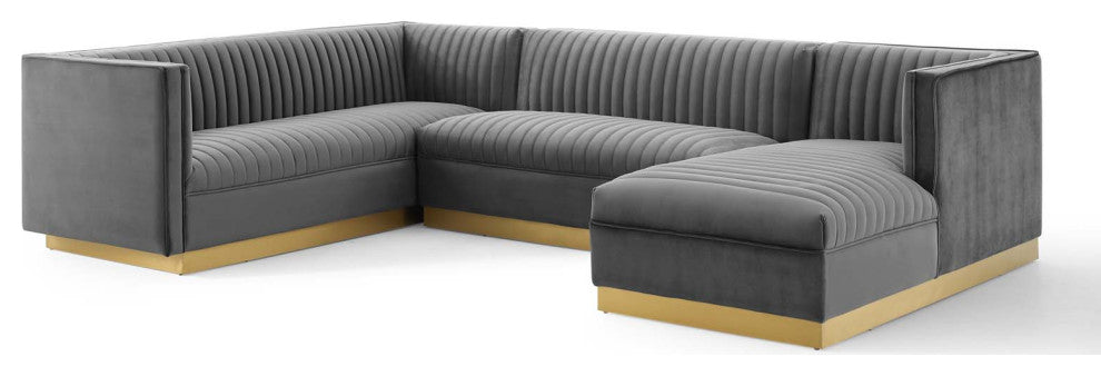Sectional Sofa Set, Velvet, Gray, Modern, Living Lounge Hotel Hospitality