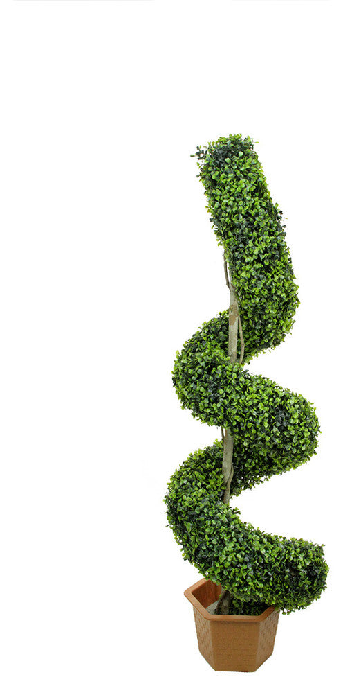 Potted Two-Tone Artificial Boxwood Spiral Topiary Tree, 56"