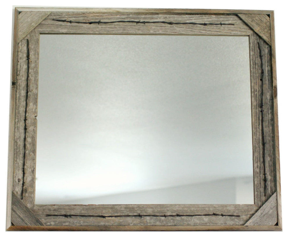 Rustic Mirror, Cornerblock Barnwood With Barbed Wire, 36"x48"