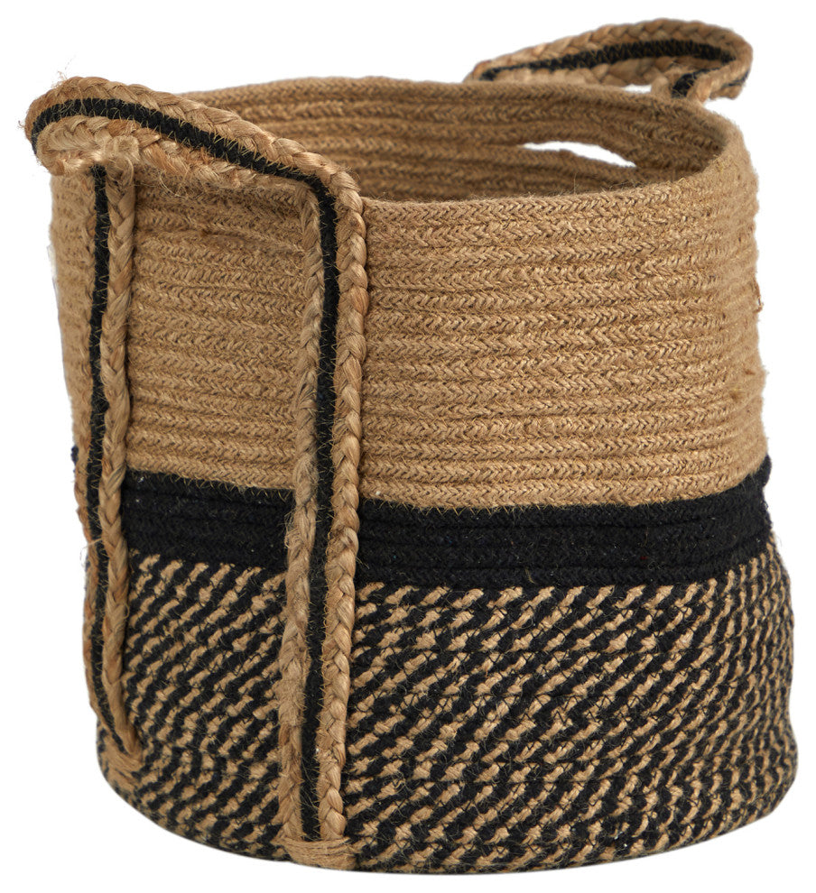 13" Boho Chic Basket Natural Jute Basket Planter, Black & Natural W/ Handles