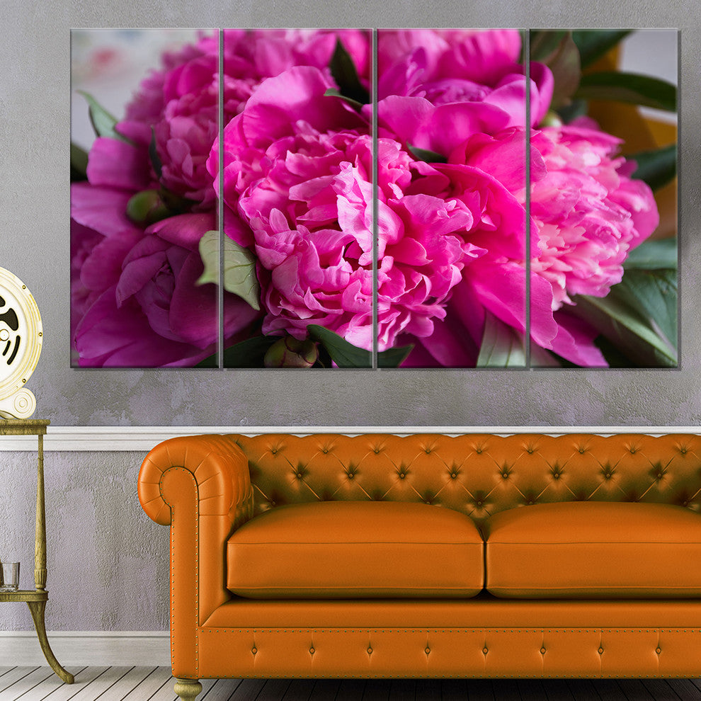 Pink Peonies on Wooden Background, Flower Artwork on Canvas, 48"x28", 4 Panels