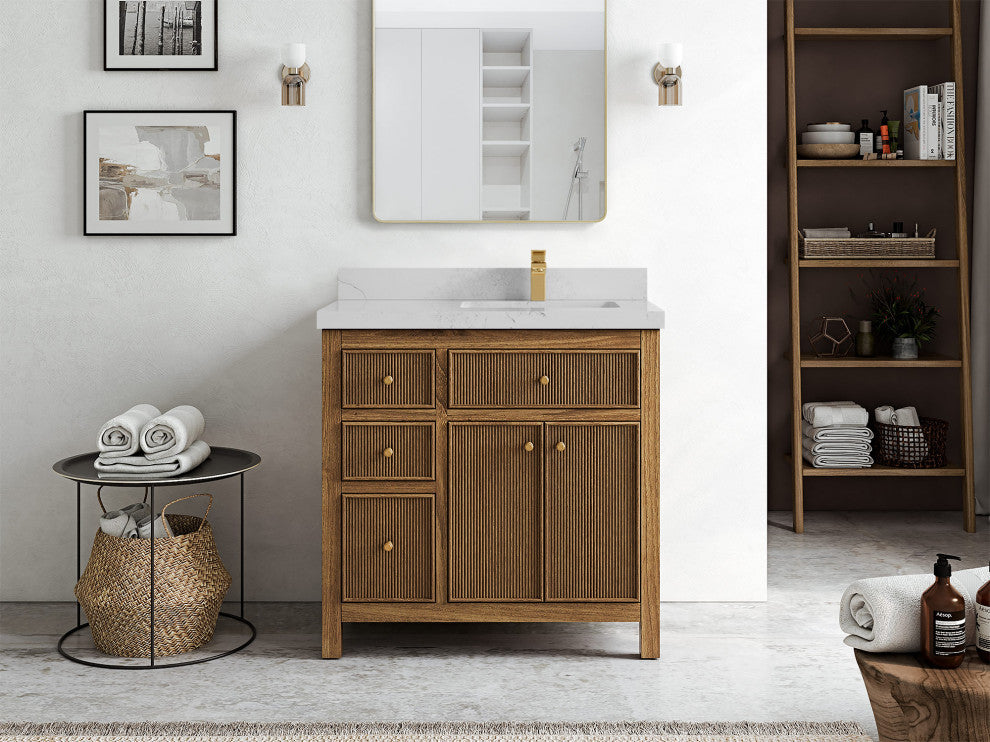 Sonoma Teak 36 Right Offset Bath Vanity in Dark Natural with 2" Carrara Quartz