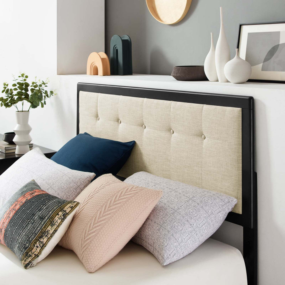 Platform Bed Frame, Queen Size, Fabric, Wood, Black Beige, Modern Mid-Century
