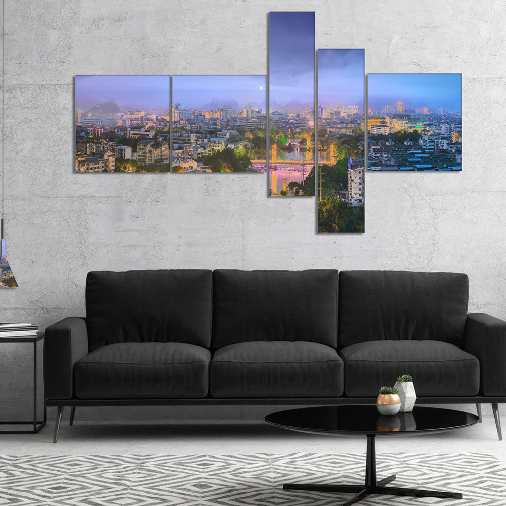 Li River and Karst Hills Panorama, Cityscape Canvas Art Print, 60"x32", 5 panels