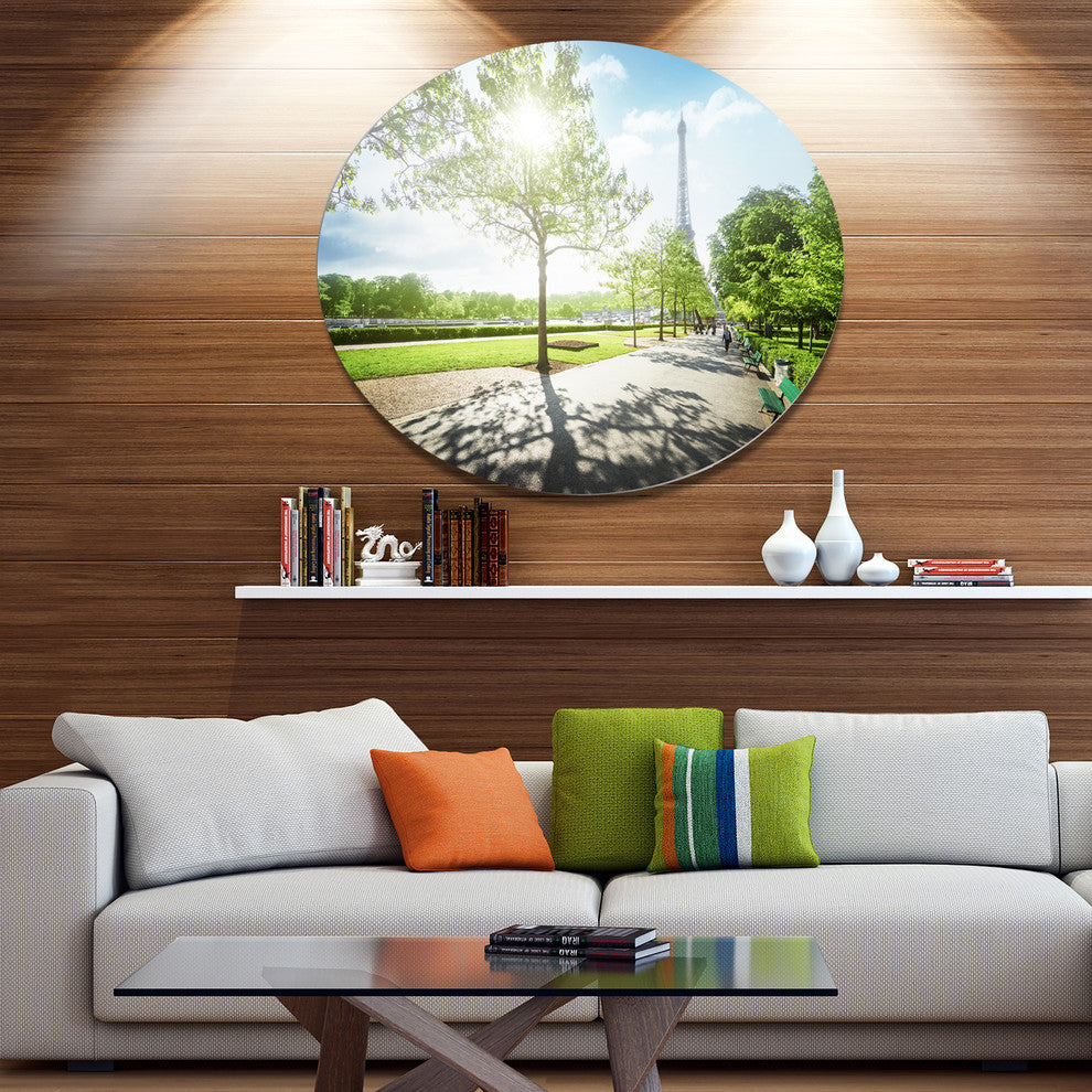 Eiffel Tower At Sunny Morning, Landscape Disc Metal Wall Art, 23"