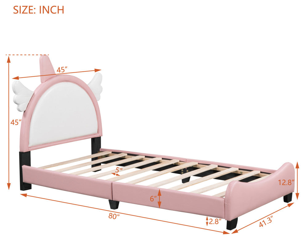 Gewnee Upholstered Twin Platform Bed With Unicorn Shape Headboard in Pink