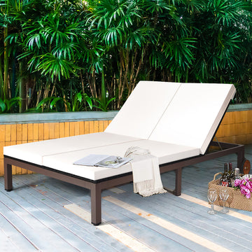Costway 2-Person Patio Rattan Chair Recliner Adjustable Cushioned W/ Wheels