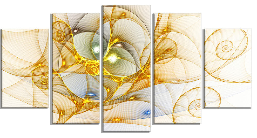 Golden Colored Curly Spiral, Contemporary Wall Art Canvas, 60"x32", 5 Panels