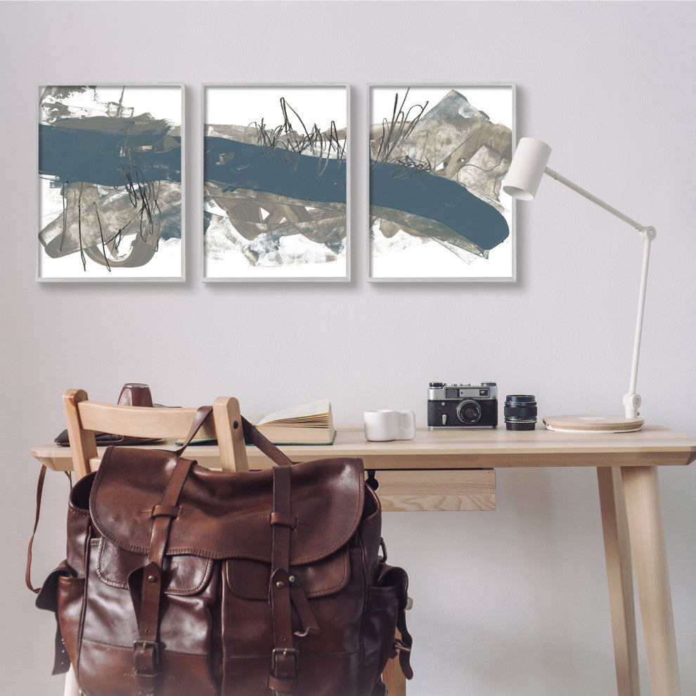 Abstract Line Painting Bold Blue Busy Grey Movement,3pc, each 16 x 20