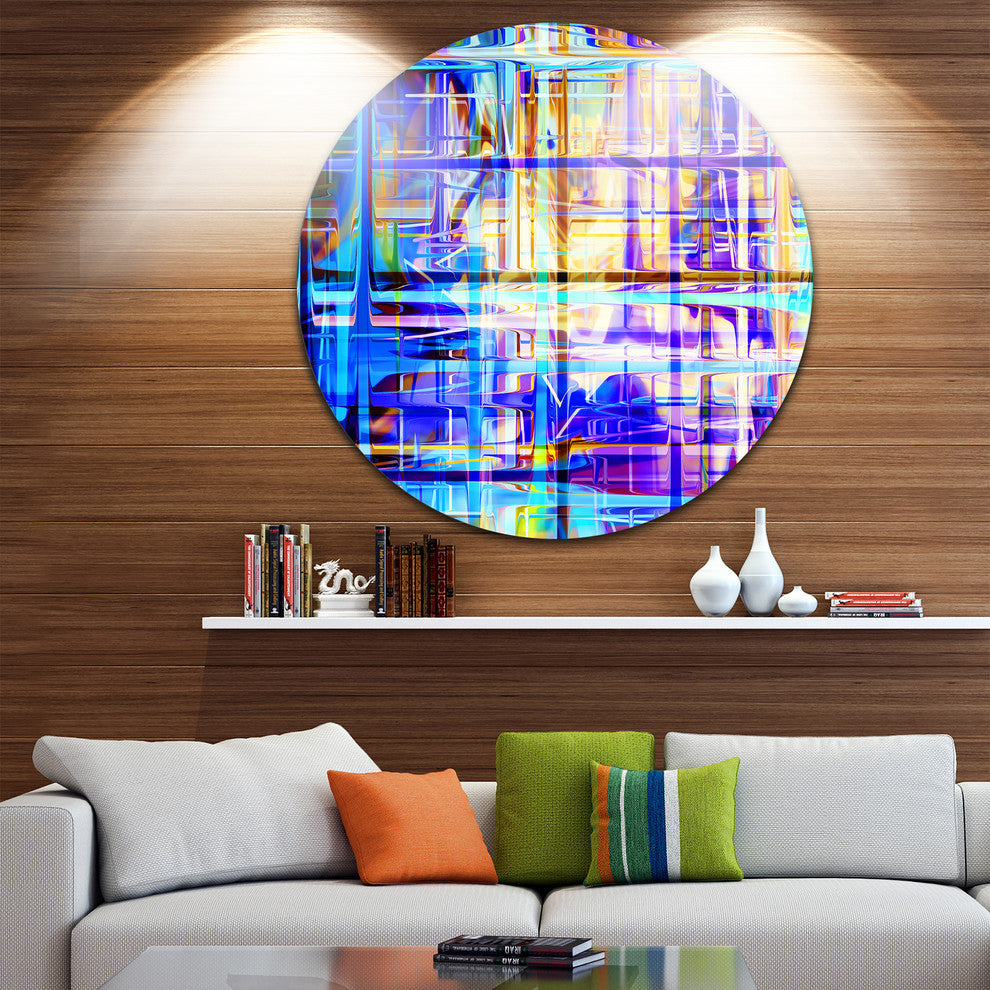 Blue Abstract Grid, Abstract Digital Round Metal Wall Art, 11"