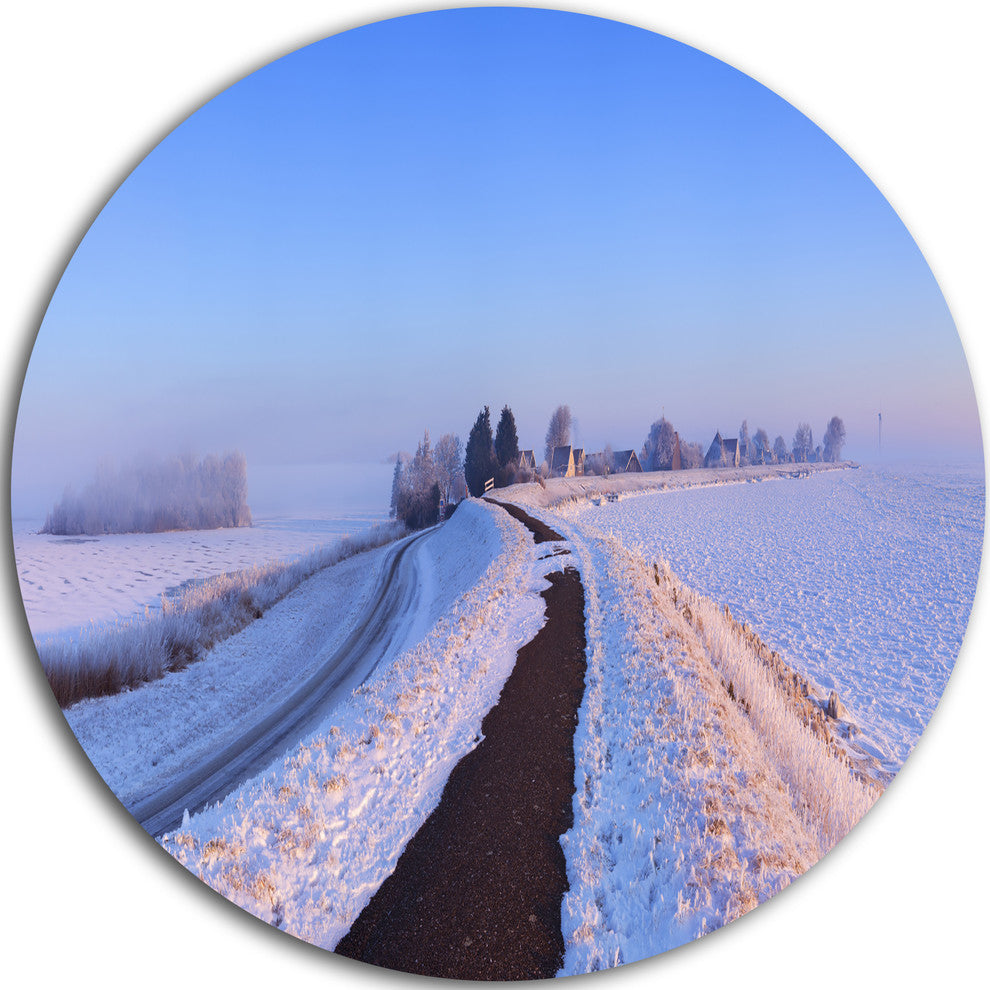 Lake And Dike At Sunrise Panorama, Landscape Disc Metal Wall Art, 23"