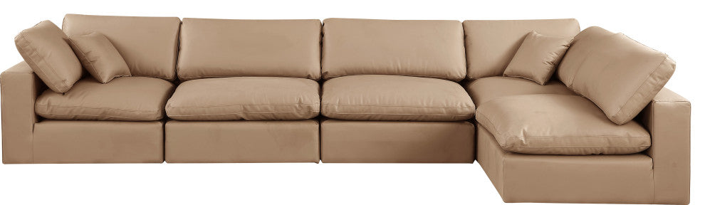 Comfy Upholstered L-Shaped Modular Sectional, Tan, 5-Piece: 3 Armless Chair, 2 Corner Chair, Vegan Leather